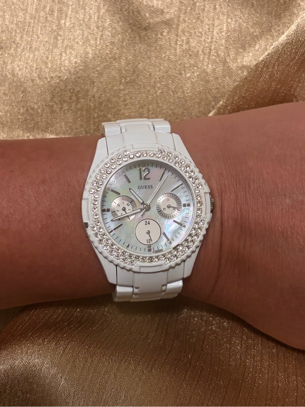 Guess White Ceramic Crystal Bezel Womens Watch